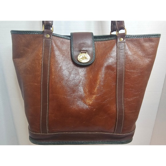 VTG Brahmin Brown Leather Tote Bag W/Green Trim Insets Adjustable Straps - Picture 1 of 14